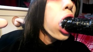 Possessed Goth Transgirl Sucks 3 Cocks Sloppy Bukakke Deepthroat Footjob