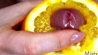 Close Up Yummy Foodjob And Ruined Orgasm From Mistress Hot Lips. Dessert With Cum And Orange Juice.