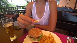 Eating Burger And Flashing In The Cafe Transparent T-shirt No Bra (teaser) V2