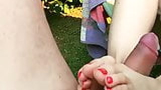 MILF Giving Footjob With Red Nails Big Young Cock Cum HD