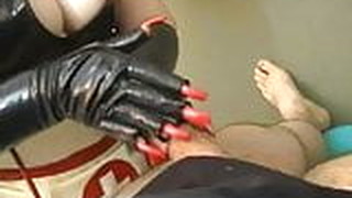 Rubber Nylon Nurse Handjob Glove Long Red Nails